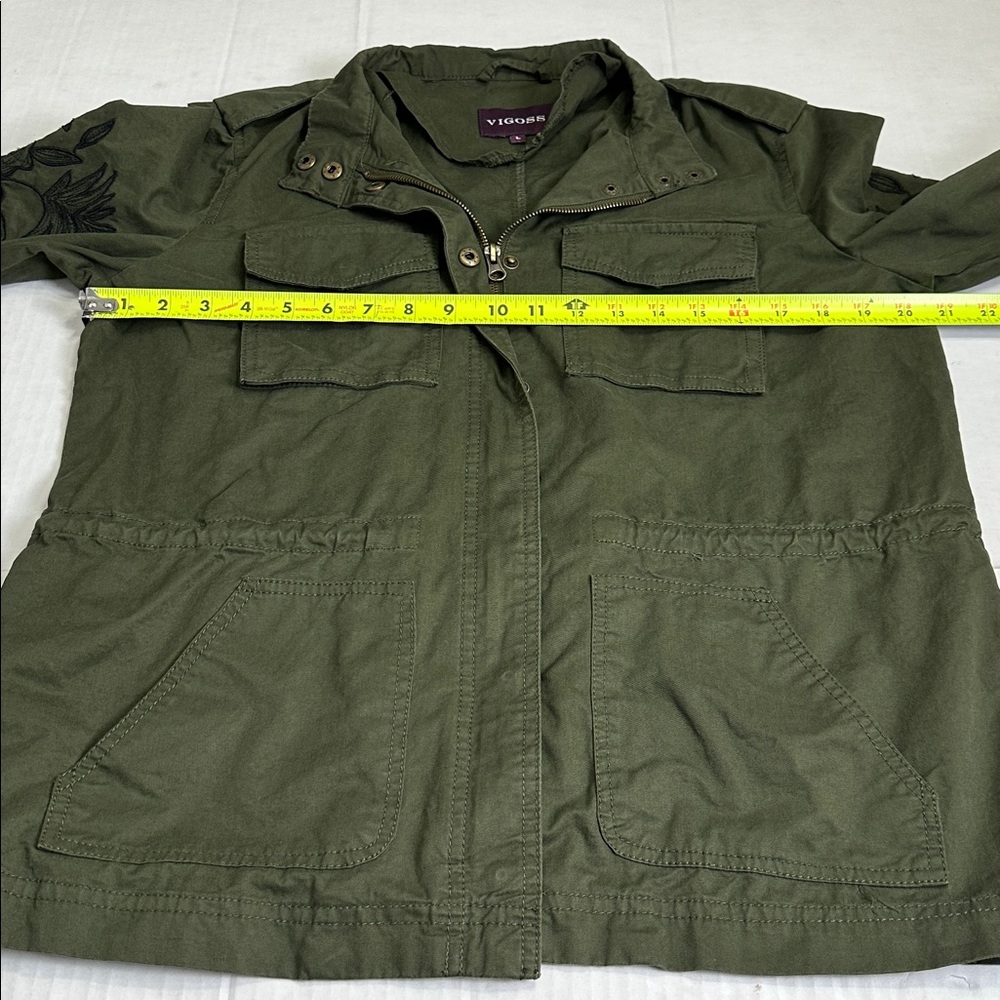 Vigoss Olive Green Embroidered Floral Sleeves Utility Jacket Womens Large - Picture 11 of 12